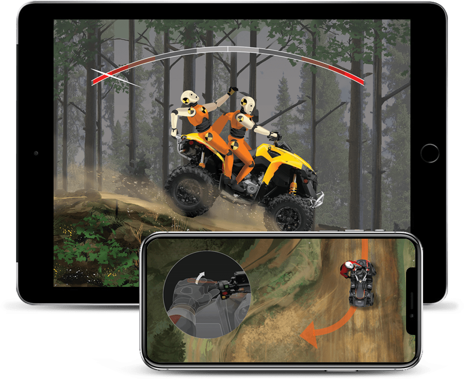 ATVsmart! all-terrain vehicle safety course material on tablet and cellphone. Illustration.