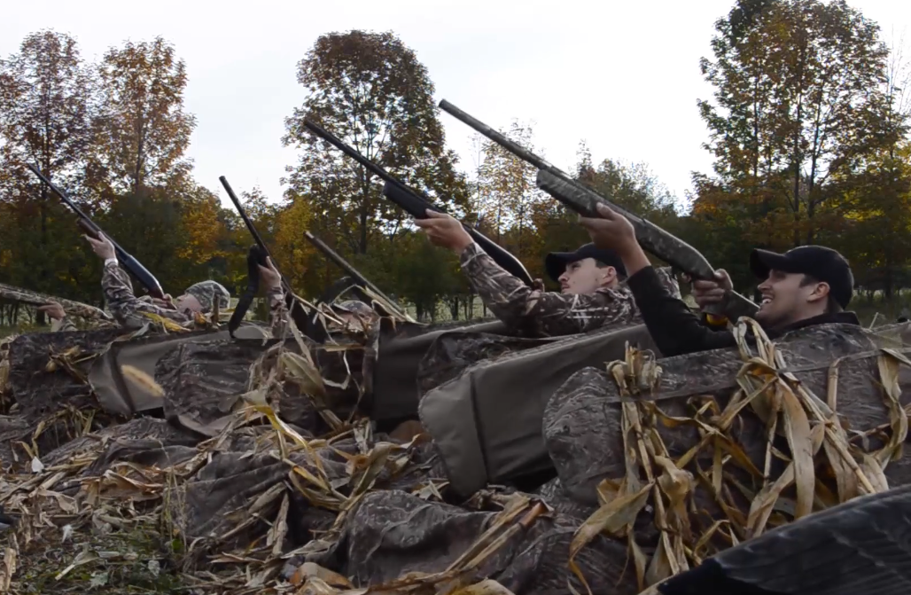 Duck hunters firing from layout blinds